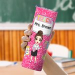 Personalized Multicolor Cartoon Teacher 20 oz Insulated Skinny Tumbler with Text and Straw Back to School Birthday Gift for Men Women