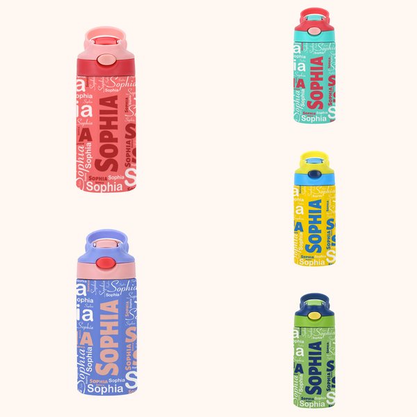Personalised Colorful 12oz Name Water Bottle with Silicone Straw and Spill-Proof Lid Children's Day Back to School Gift for Kids