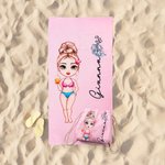 Personalisiertes Geburtsblume Cartoon Charakter Strandtuch mit Namen 2 in 1 Turnbeutel Party Reise Geburtstag Geschenk für Familie Freunde