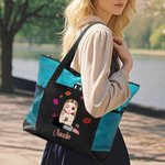 Borsa tote personalizzata in tela con nome disegno rossetto e personaggio cartone animato tasca in rete regalo di compleanno e viaggio per donne