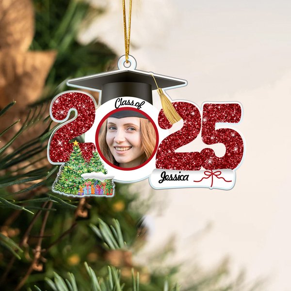 Personalized Grad Cap Face Photo Christmas Tree Ornament with Name and Glitter Number Graduation Christmas Gift for Graduates