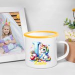 Taza esmaltada personalizada con unicornio de fantasía nombre e inicial de 355 ml regalo de cumpleaños y regreso a la escuela para niños