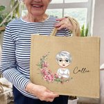 Personalised Birth Flower Cartoon Character Reusable Jute Tote Bag with Name Birthday Gift for Women