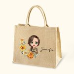 Personalised Birth Flower Cartoon Character Reusable Jute Tote Bag with Name Birthday Gift for Women