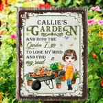 Personalised Retro Cartoon Gardening Character Vertical Metal Sign with Name Garden Decor Birthday Housewarming Gift for Grandma Mom Family