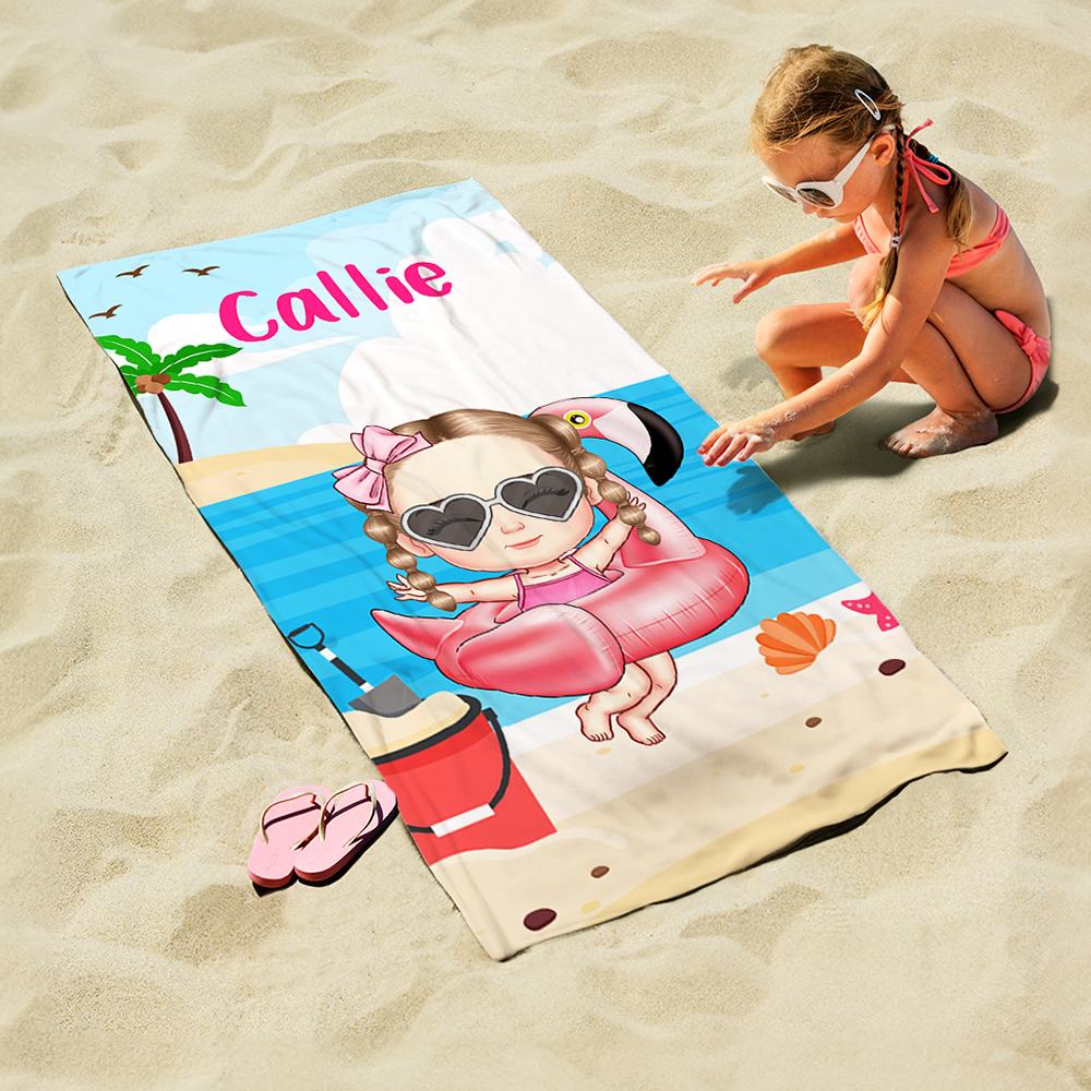 Serviette de Plage Personnalisée avec Motif Enfant Nageur Mignon Dessin Animé et Nom Cadeau Été Anniversaire Fête Plage pour Garçon Fille