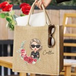 Personalised Birth Flower Cartoon Character Reusable Jute Tote Bag with Name Birthday Gift for Women