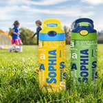 Personalisierte Namen-Trinkflasche mit Silikon-Strohhalm und Auslaufsicher-Deckel 350ml Kindertag zurück zur Schule Sport Geschenk für Kinder