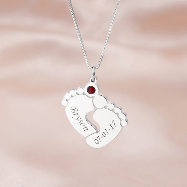 Collana personalizzata con ciondolo a forma di piede di bambino e pietra di nascita con testo inciso Annuncio di nascita Compleanno Regalo per la festa del bebè per la nuova mamma