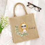 Personalised Birth Flower Cartoon Character Reusable Jute Tote Bag with Name Birthday Gift for Women