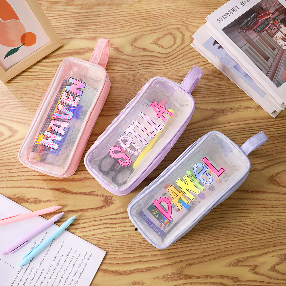 Trousse à Crayons en Maille Adorable Personnalisée avec Nom Deux Compartiments Fournitures Scolaires Cadeau de Rentrée pour Garçons et Filles