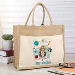 Gepersonaliseerde Apple Pencil Cartoon Onderwijskarakter Grote Jute Draagtas met Naam Verjaardag Waardering Lerarendag Cadeau voor Leraren Opvoeders