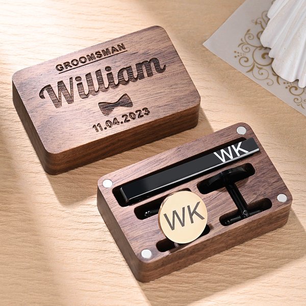 Set di fermacravatte e gemelli incisi personalizzati con scatola di legno Regalo di matrimonio e compleanno per gli uomini.