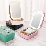 Personalized Cartoon Skating Girl PU Leather Jewelry Box with Name and LED Three-Color Adjustable Makeup Mirror Birthday Gift for Women Girls