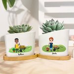 Personalised Cartoon Character Heart-shaped Ceramic Plant Pot with Name and Bamboo Base Home Decor Birthday Gift for Gardening Lovers