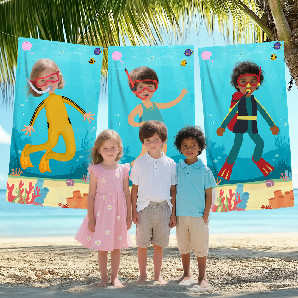 Serviette de Plage Surdimensionnée Personnalisée avec Portrait Style de Plongeur Accessoire de Vacances d'Été Cadeau Anniversaire pour Garçon Fille