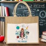 Gepersonaliseerde Apple Pencil Cartoon Onderwijskarakter Grote Jute Draagtas met Naam Verjaardag Waardering Lerarendag Cadeau voor Leraren Opvoeders