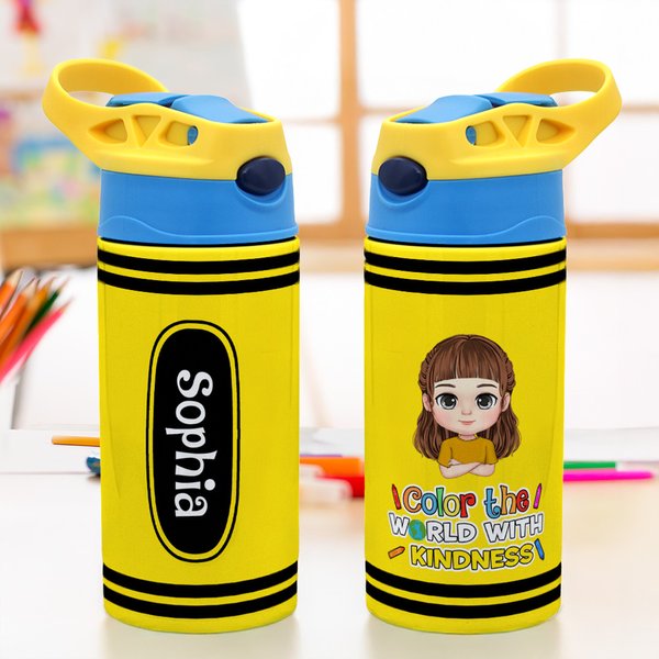 Personalized Multicolor Cartoon Character 12 oz Insulated Kid Water Bottle with Handle and Straw Back to School Birthday Gift for Boys Girls