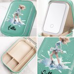 Personalized Cartoon Skating Girl PU Leather Jewelry Box with Name and LED Three-Color Adjustable Makeup Mirror Birthday Gift for Women Girls