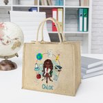 Gepersonaliseerde Apple Pencil Cartoon Onderwijskarakter Grote Jute Draagtas met Naam Verjaardag Waardering Lerarendag Cadeau voor Leraren Opvoeders