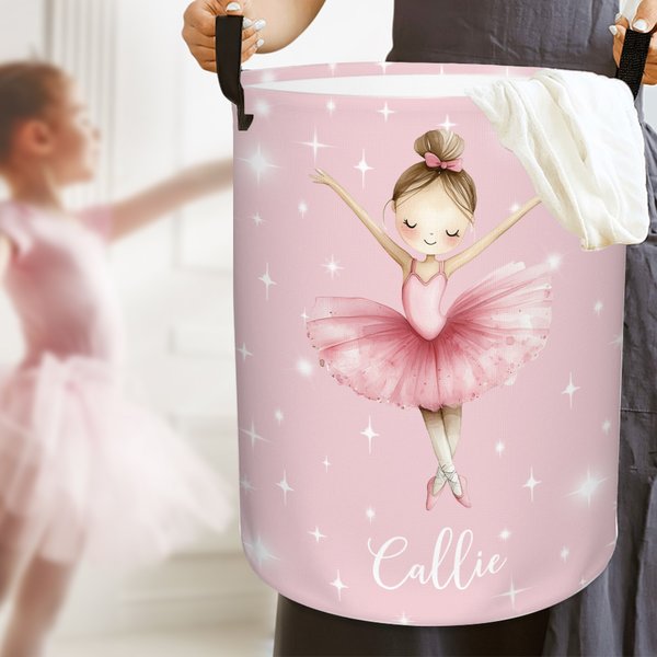 Personalized Cartoon Ballerina Girl Large Waterproof Laundry Storage Basket with Name and Handle Housewarming Birthday Gift for Ballet Lovers