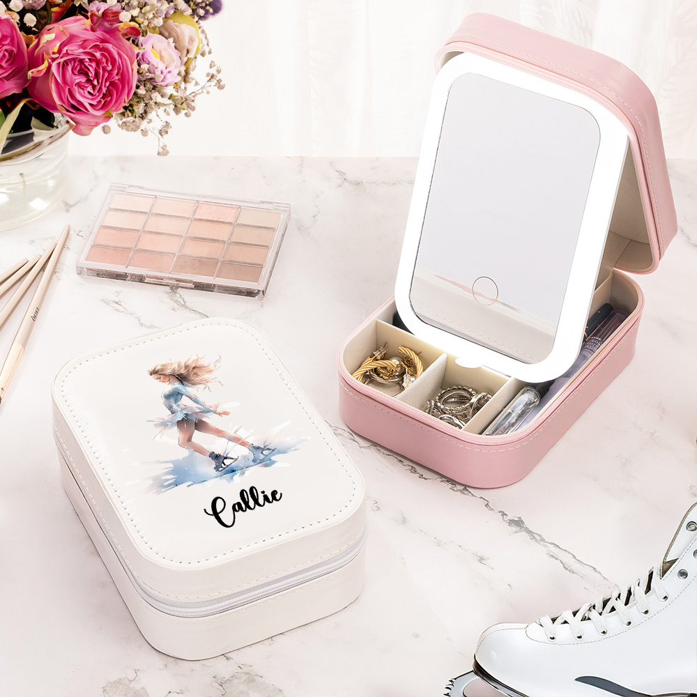 Boîte à bijoux personnalisée en cuir PU avec nom et miroir de maquillage LED tricolore réglable Cadeau d'anniversaire pour femmes filles