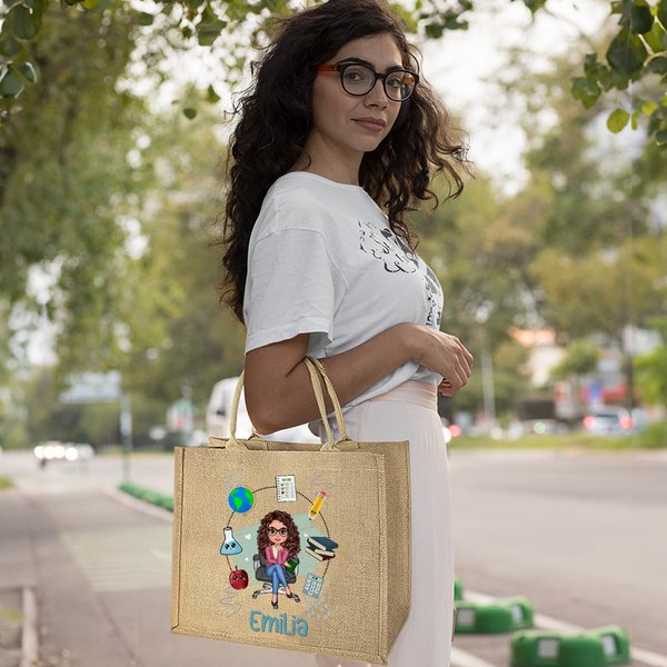 Personalized Apple Pencil Cartoon Teaching Character Large Jute Tote Bag with Name Birthday Appreciation Teacher's Day Gift for Teachers Educators