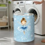 Personalized Cartoon Ballerina Girl Large Waterproof Laundry Storage Basket with Name and Handle Housewarming Birthday Gift for Ballet Lovers