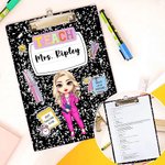 Personalised Cartoon Teacher Multicolour Acrylic Clipboard with Low Profile Clip Teacher's Day Appreciation Back to School Gift for Teachers