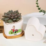 Personalised Cartoon Character Heart-shaped Ceramic Plant Pot with Name and Bamboo Base Home Decor Birthday Gift for Gardening Lovers