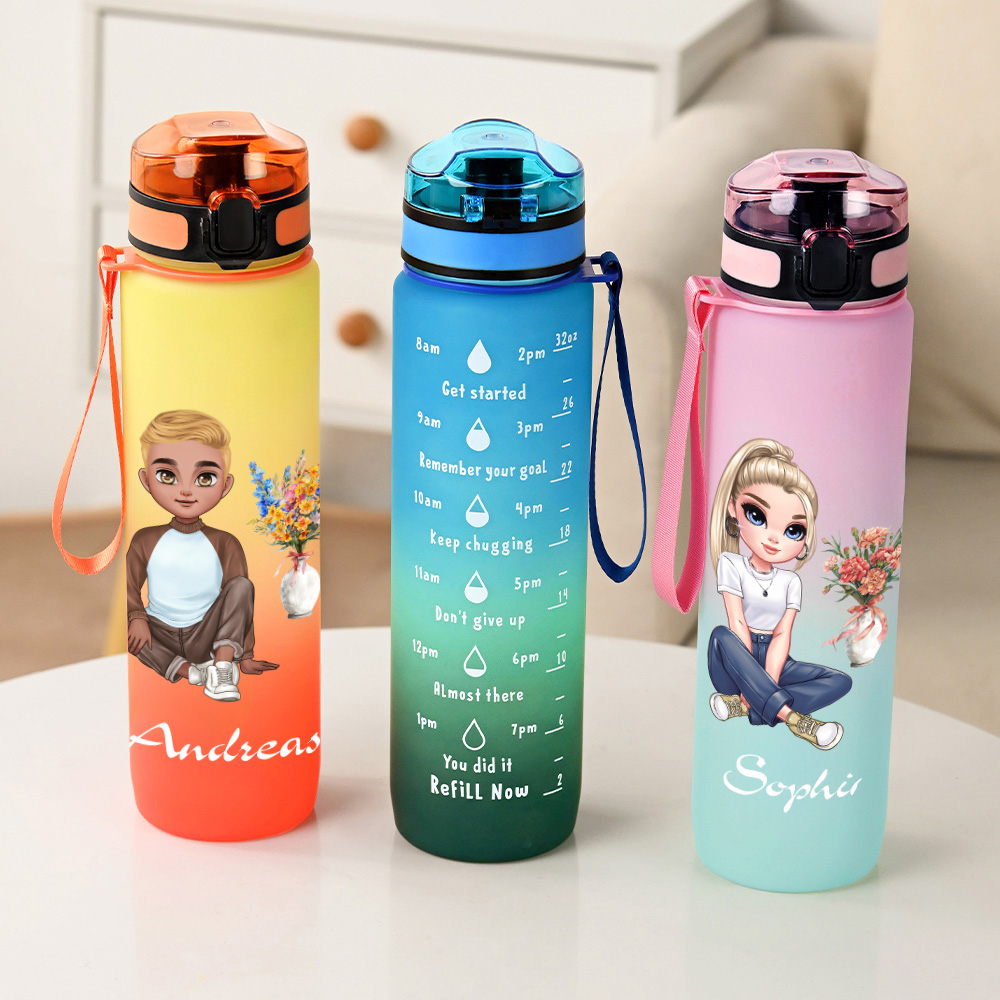 Bouteille de Sport Personnalisée avec Nom et Personnage Cartoon Accessoire des Activités Extérieures avec Marqueur de Temps Cadeau pour Femme Homme