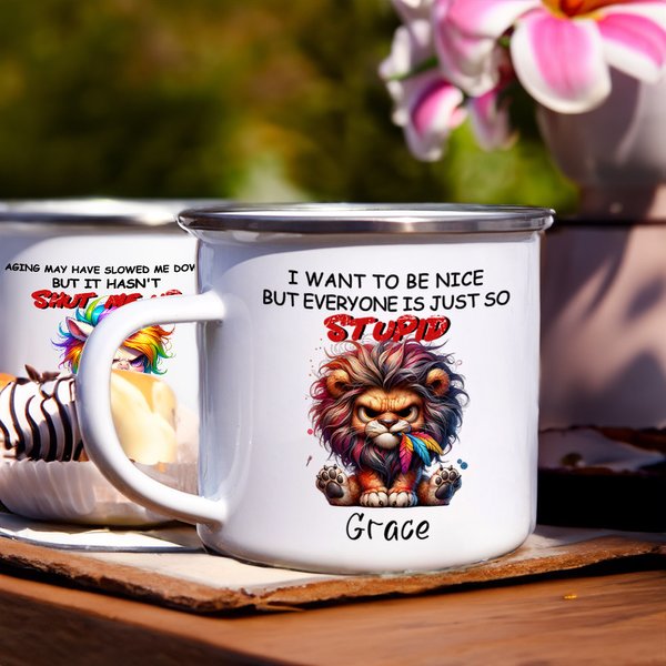 Personalized Funny Lion Dog Fantasy Unicorn Grumpy Animals 11 oz Enamel Mug with Name Daily Use Birthday Gift for Family Friend