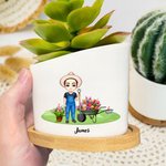 Personalised Cartoon Character Heart-shaped Ceramic Plant Pot with Name and Bamboo Base Home Decor Birthday Gift for Gardening Lovers