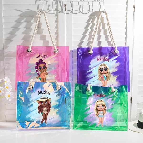 Personalized Cartoon Summer Shiny Trendy Girl Waterproof Clear Tote Bag with Name Pool Beach Party Birthday Gift for Her