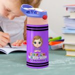 Personalised Multicolour Cartoon Character 12 oz Insulated Kid Water Bottle with Handle and Straw Back to School Birthday Gift for Boys Girls