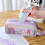 Personligt pennfodral i nät med två fack och namn Skolmaterial Gåva till skolan för pojkar Flickor