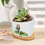 Personalised Cartoon Character Heart-shaped Ceramic Plant Pot with Name and Bamboo Base Home Decor Birthday Gift for Gardening Lovers