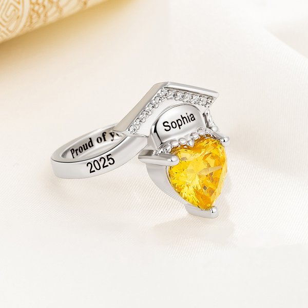 Personalized Zircon Grad Cap Heart Birthstone Ring with Engraved Name Text Dainty Jewelry Birthday Graduation Gift for Women Graduates