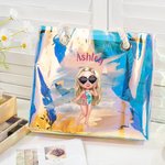 Personalised Cartoon Summer Shiny Trendy Girl Waterproof Clear Tote Bag with Name Pool Beach Party Birthday Gift for Her