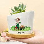 Personalised Cartoon Character Heart-shaped Ceramic Plant Pot with Name and Bamboo Base Home Decor Birthday Gift for Gardening Lovers