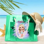 Personalised Cartoon Summer Shiny Trendy Girl Waterproof Clear Tote Bag with Name Pool Beach Party Birthday Gift for Her
