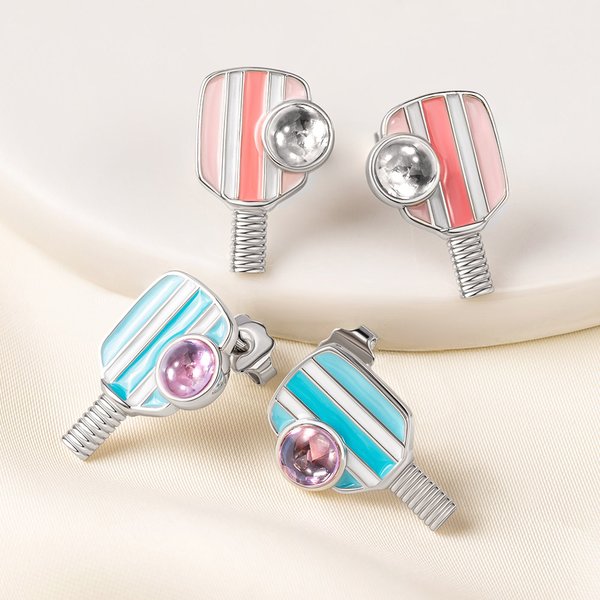 Personalised Birthstone Pink Blue Striped Pickleball Paddle Enamel Stud Earrings Dainty Jewellery Birthday Sports Game Day Gift for Women