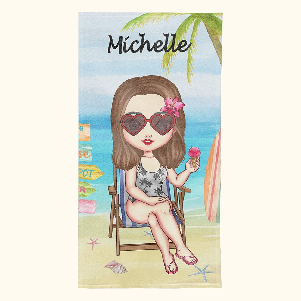 Serviette de Plage Personnalisée avec Nom et Dessin de Femme Serviette Super Absorbante pour Voyage Plage Cadeau Vacances Anniversaire pour Femme