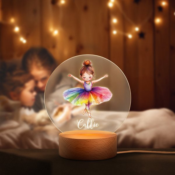 Luce notturna a LED in acrilico con base in legno e nome, regalo di compleanno per gli amanti del balletto.