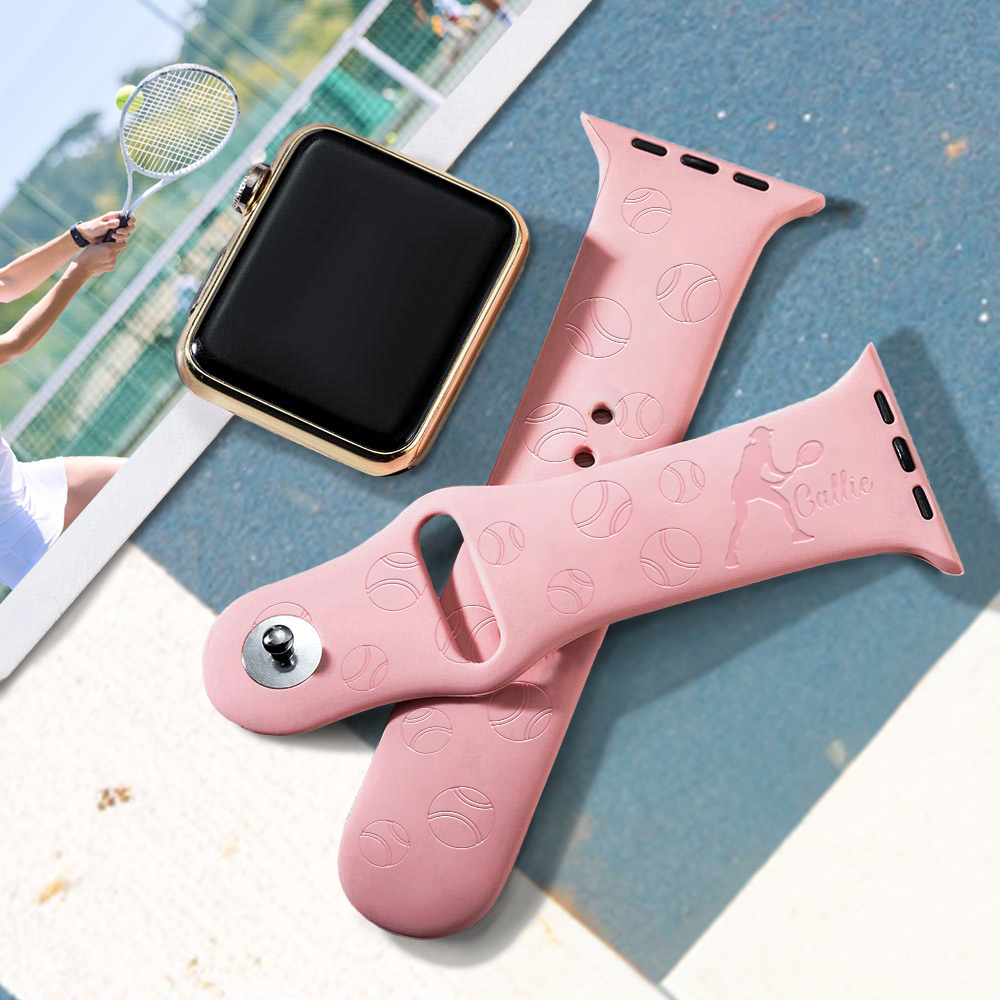 Bracelet de montre de tennis personnalisé en silicone pour Apple avec nom gravé Cadeau d'anniversaire pour les amoureux du tennis Coéquipier entraîneur