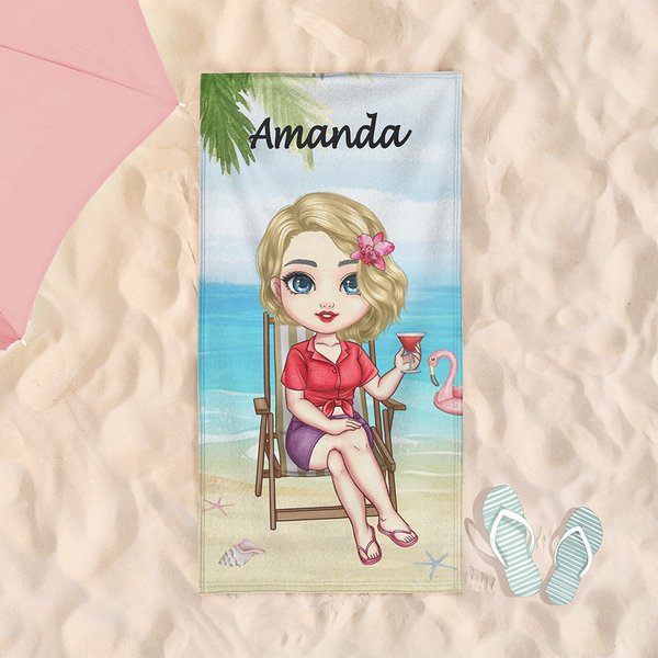Personalisiertes Cartoon Mädchen am Meer Strandtuch Badetuch Schnell Trocknend Super Saugfähig Geburtstag Freundschaft Geschenk für Freunde Besties