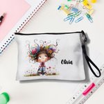 Personalised Cute Quirky Girl Makeup Bag with Name and Wrist Strap Travel Essentials Birthday Gift for Women