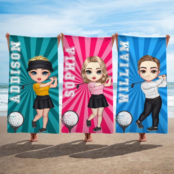 Personalized Cute Cartoon Golf Character Quick Dry Oversized Beach Towel with Name Birthday Beach Party Summer Vacation Gift for Golf Players
