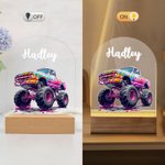 Henkilökohtainen sarjakuva Big Wheel Off-Road Truck Ajoneuvon nimi LED-yövalo, jossa on puinen pohja ja säädettävä 7 väriä Home Decor Syntymäpäivälahja lapsille