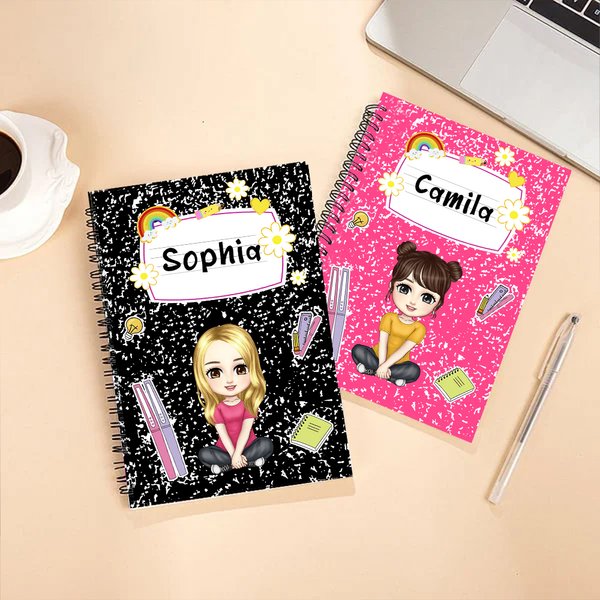 Personalized Cute Cartoon Student Character Multi-color A5 Spiral Notebook with Name Birthday Back to School Gift for Kids Students
